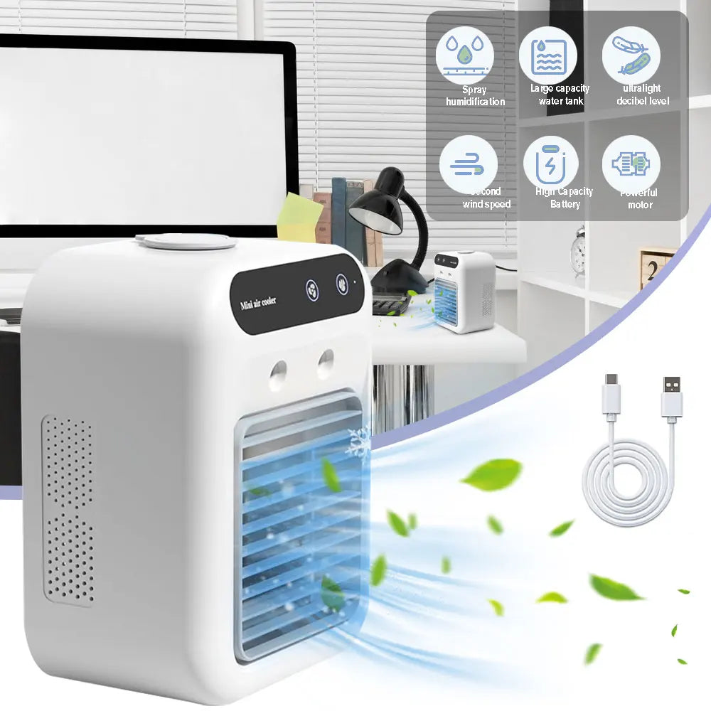 Mini Cold Airconditioner Fan 2-Speed 1800mHA Humidifier Mist Cooler USB Charging 500ml Water Tank Cooler for Home