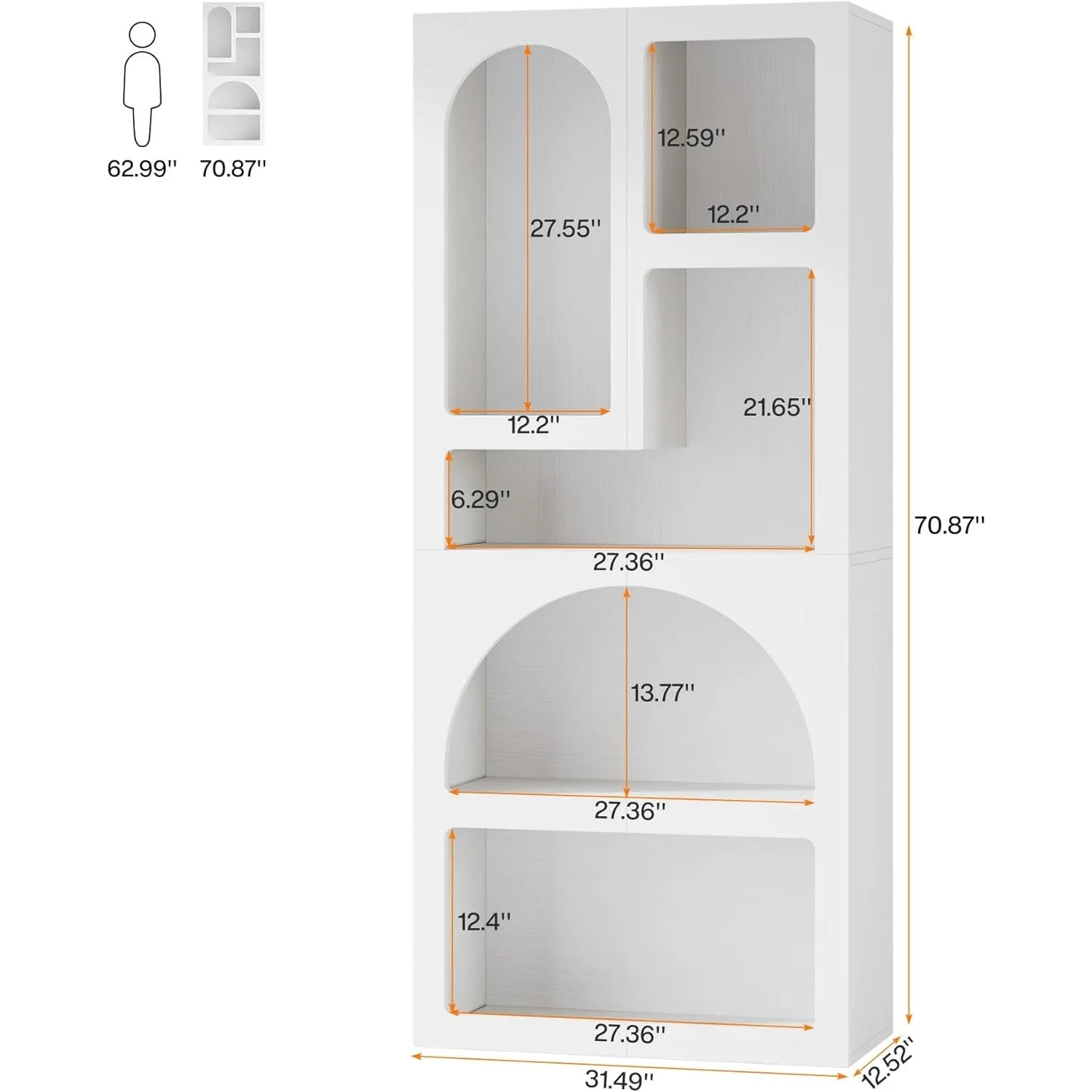 70.87’’ Tall Geometric Bookshelf White Arched Bookcase with 5 Irregular Storage Shelves,Free-Standing for Living Room
