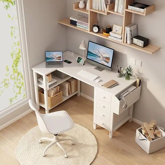 L Shaped Computer Desk with Drawers & Storage Shelves 55 Inch Corner Desk with Power Outlet for Home Office Bedroom