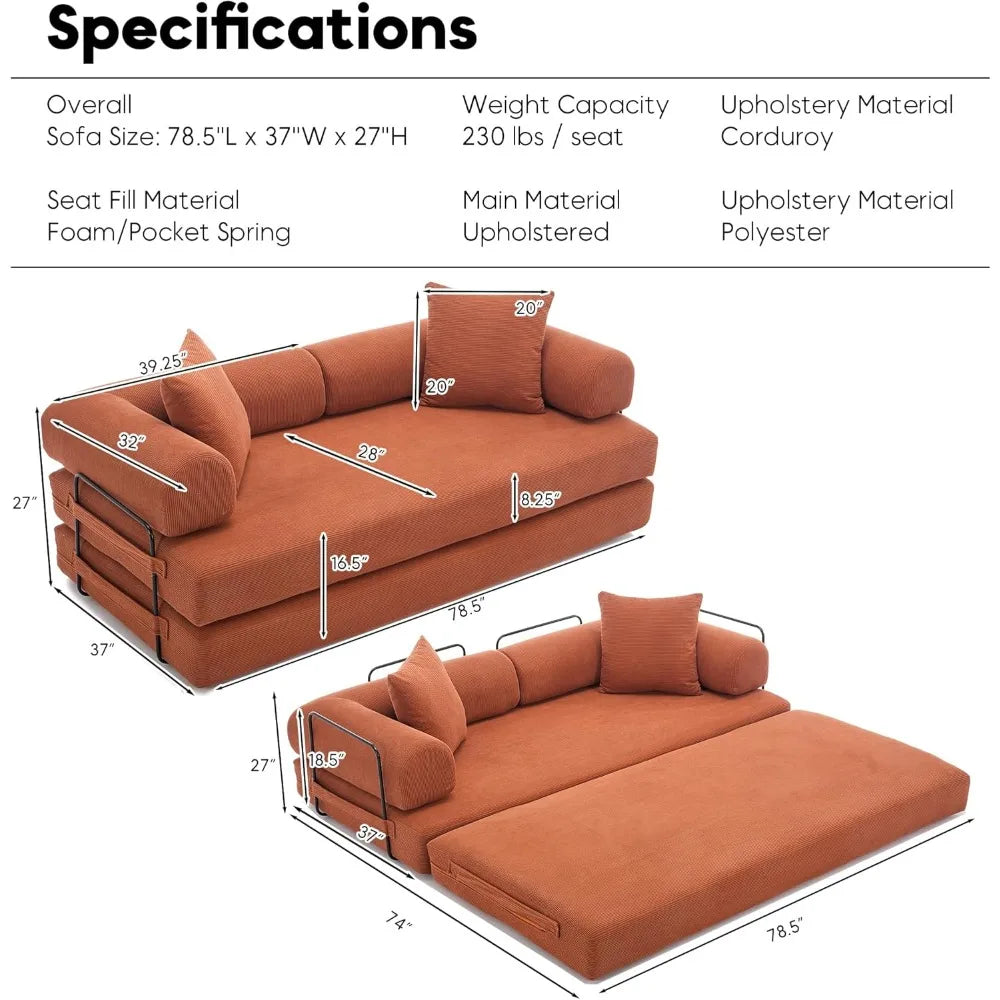 Convertible Sleeper Sofa Bed with Cylindrical Pillow Corduroy Folding Mattress Couch with Fixed-Shape Frame Floor Sofa