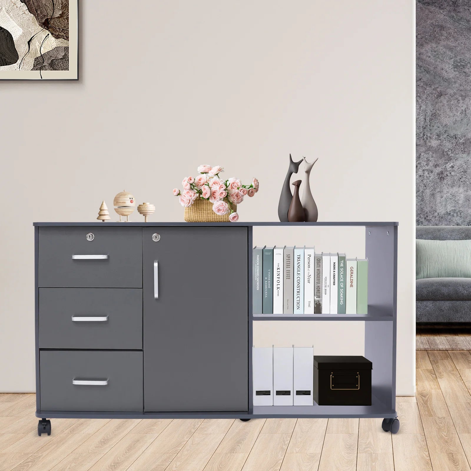 3 Drawers 1 Cabinet 2 Compartments MDF File Cabinet,Black/Wood Color/Gray Rectangular File Cabinets for Home Office
