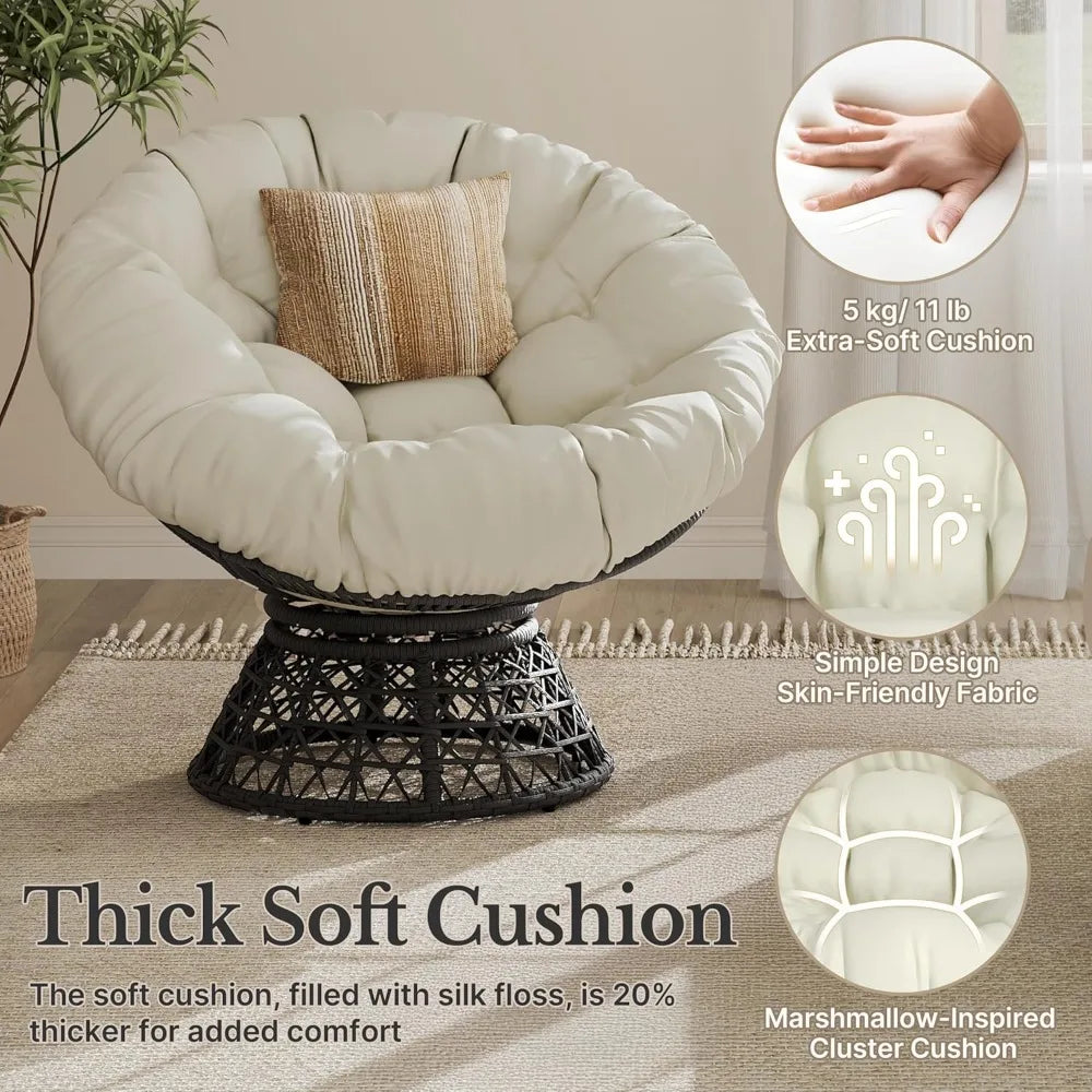 Indoor Papasan Chairs with Thick Tufted Cushions and Frame Swivel Wicker Ergonomic Lounge Reading Chairs for Living