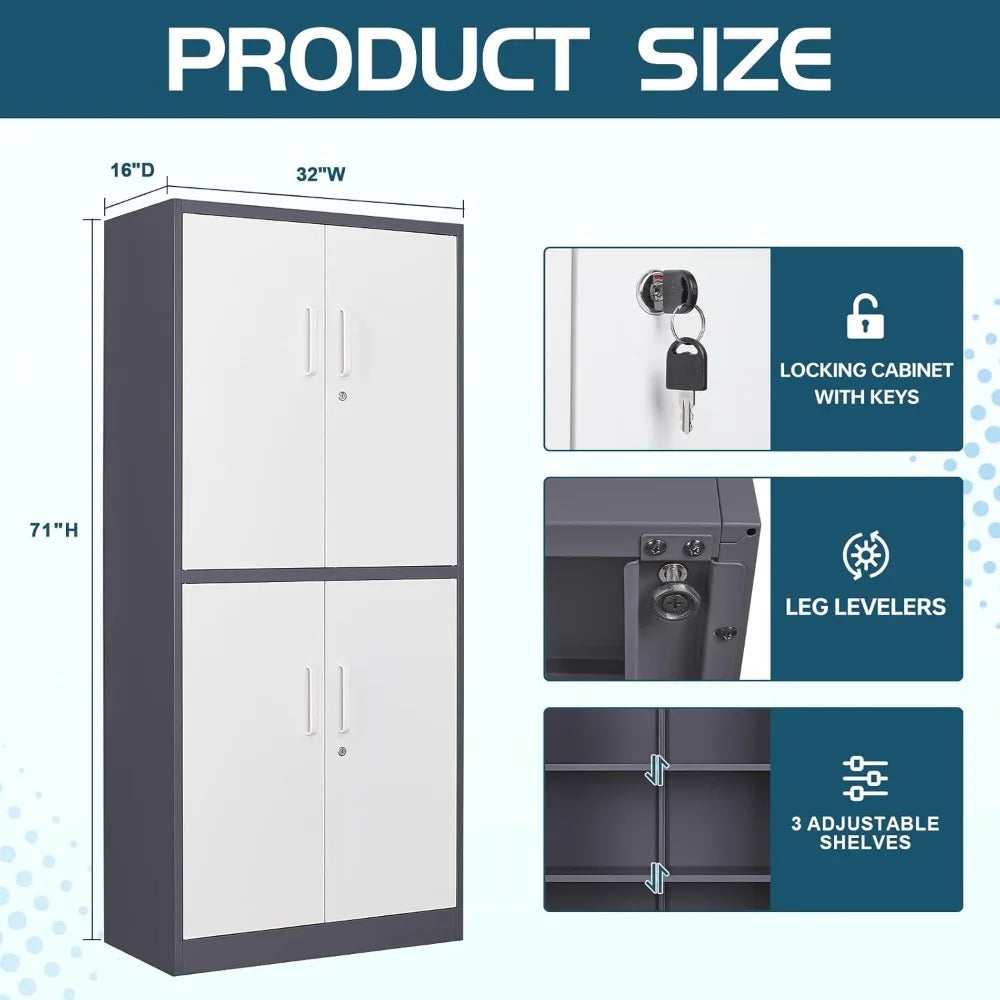 Metal Storage File Cabinet with 4 Doors Steel Storage Cabinet with Locking Doors and 5 Shelves for Home Office Hospital