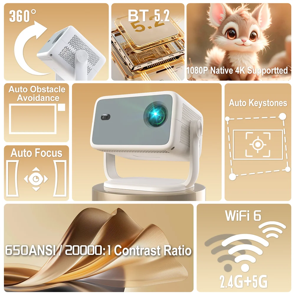 Velec Netflix Certification Projector Android 13 4K Native 1080P 650ANSI With Auto Focus Wifi6 BT5.2 360° Home Outdoor