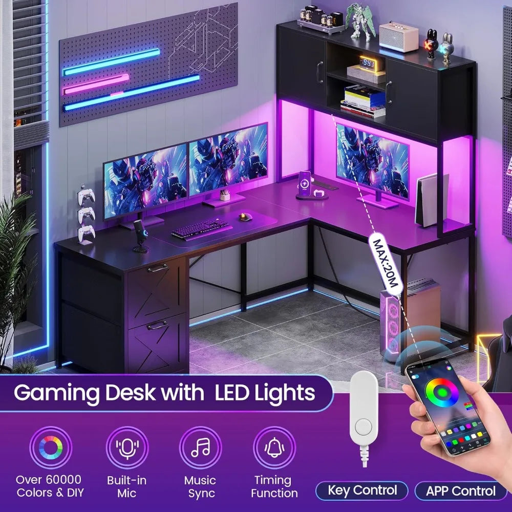 Corner Computer Desk Reversible L Shaped Computer Desk with Fabric Drawers and Power Outlet Gaming Desk