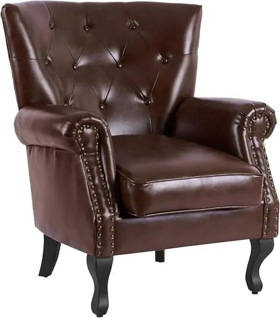 PU Leather Accent Chair Mid-Century Modern Armchair Living Room Club Chair with Tufted Button & Rivet Trim Upholstered