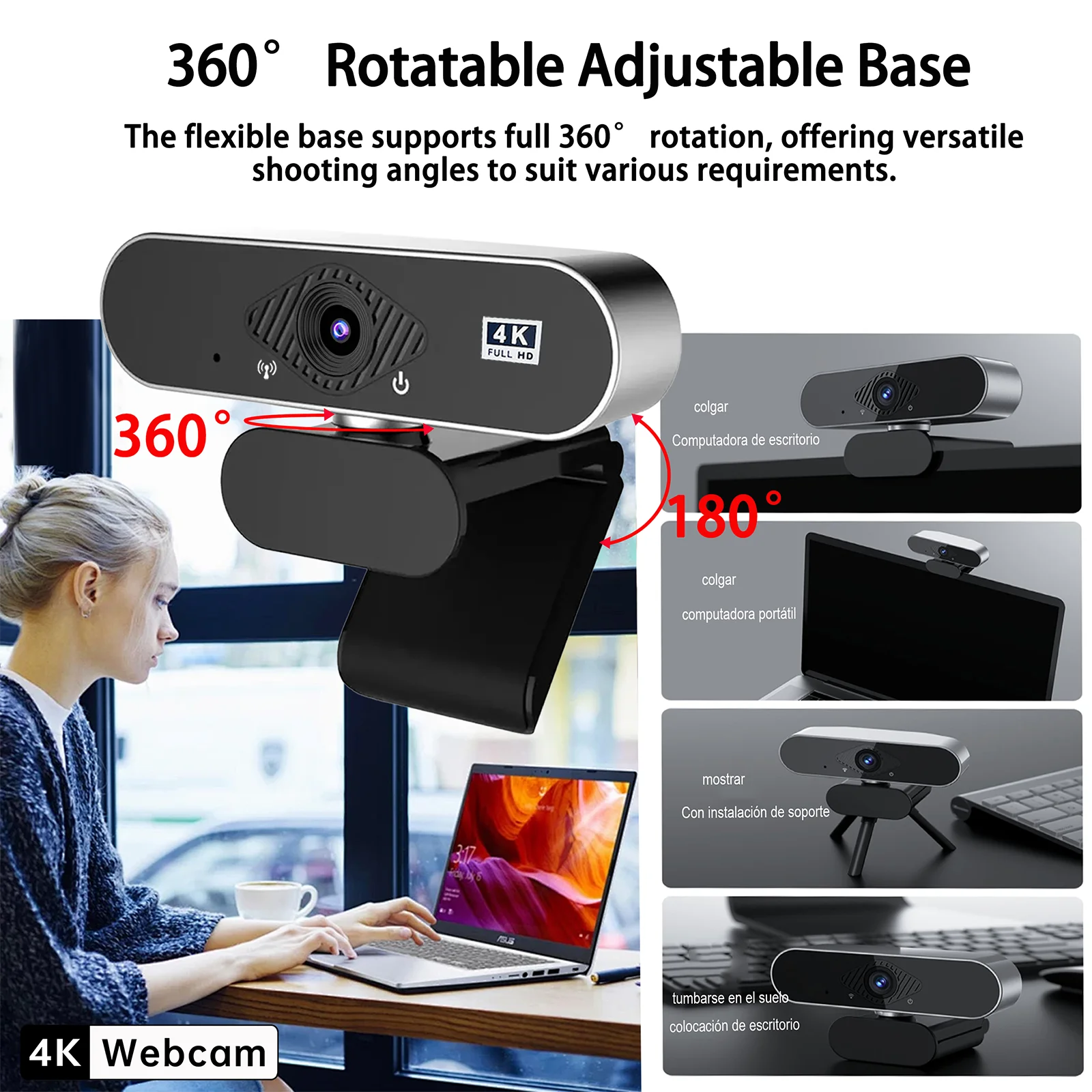 EXHQDR 4K USB Webcam Auto Focus 8MP 30FPS Plug & Play with Type-C Adapter & Tripod for Streaming Video Calls Content