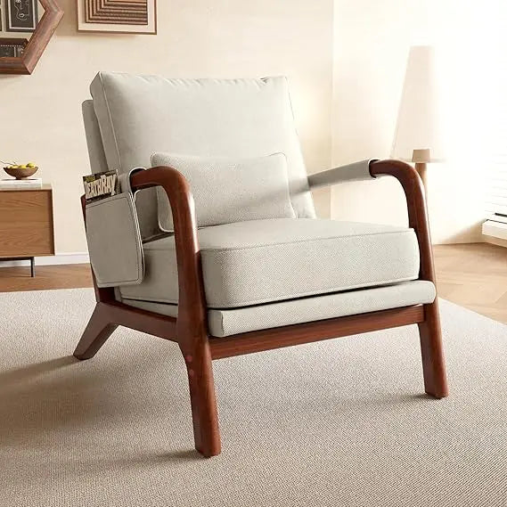 Mid Century Modern Accent Chair with Pillow & Pocket Upholstered Armchair with Solid Wood Frame & Soft Cushion
