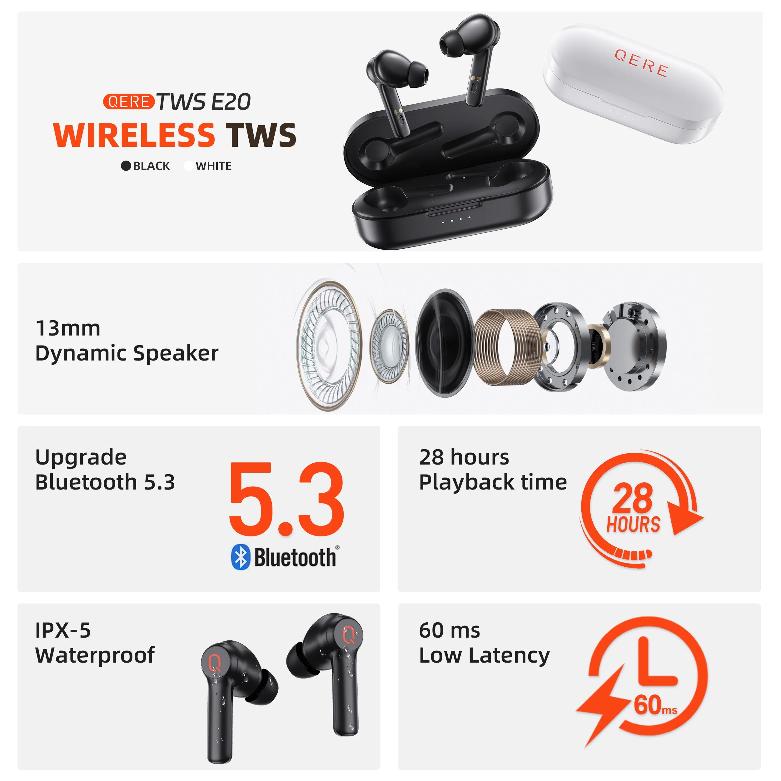 Wireless Earphones QERE E20 NEW TWS Bluetooth 5.3 HD Microphone HIFI Headphone 13mm Driver Low Latency gaming