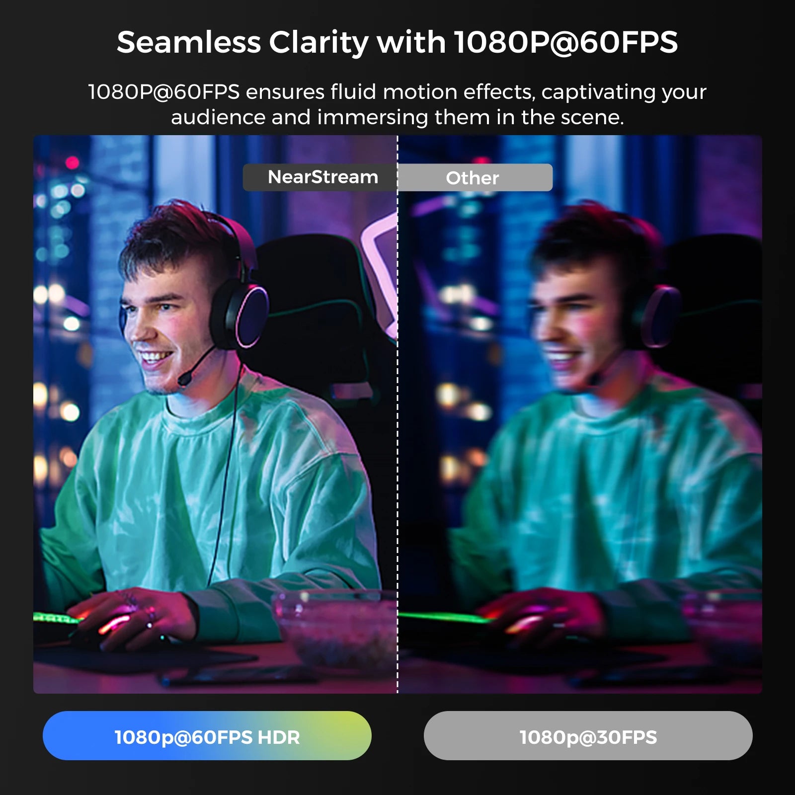 Nearstream 4K Webcam HDR 1080P@60FPS Noise Canceling Mic 45°-95°Adjustable FOV Auto Focus AI Framing for PC US Local