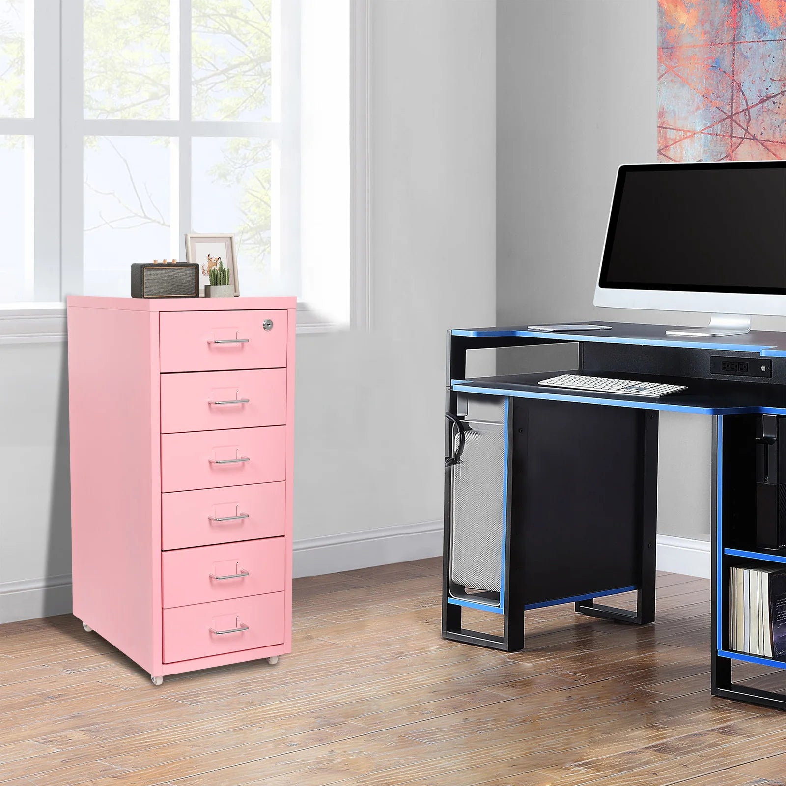 6 Tiers Cold-rolled Steel Filing Cabinet,Pink Metal File Cabinet with Lock 28*41*69cm Wipe with Soft Cloth