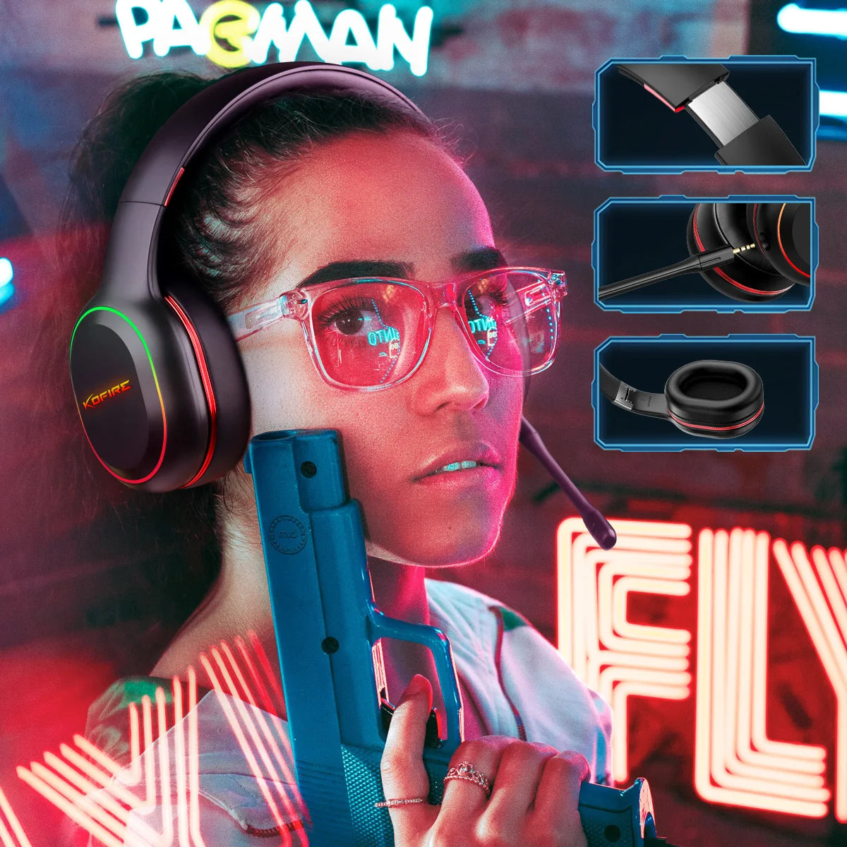 Kofire UG-05 Gaming Headphones 2.4G BT5.0 Wireless Headset With Mic RBG Light Vibration Bluetooth Earphone For PS4 PS5