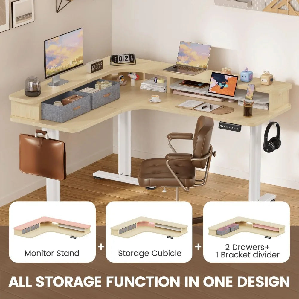 Electric L Shaped Standing Desk with Drawers 63’’ x 55’’ Corner Standing Desk Adjustable Height Stand Up Home Office