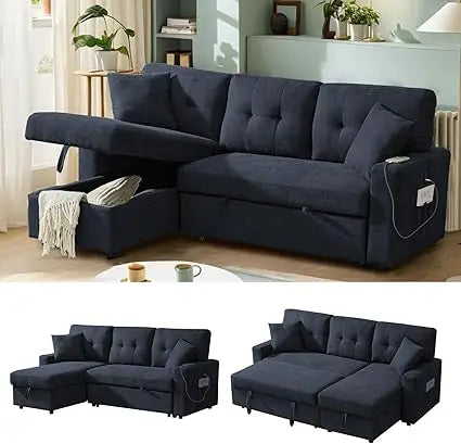 Modern L-Shaped Sofa Bed with Reversible Storage Chaise Black Convertible Sectional Sofa featuring USB Ports and 3-in-1