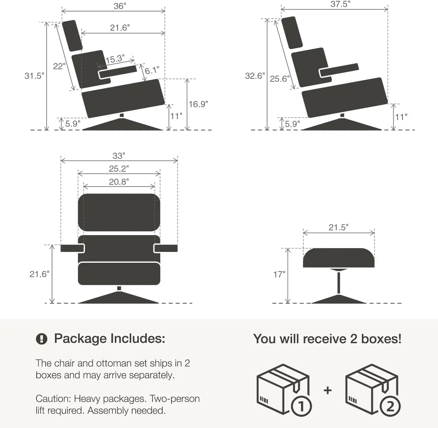 Mid Century Chaise Lounge Chair with Ottoman Top Black Grain Leather,Modern Office Chair Classic Design,Heavy Duty Base