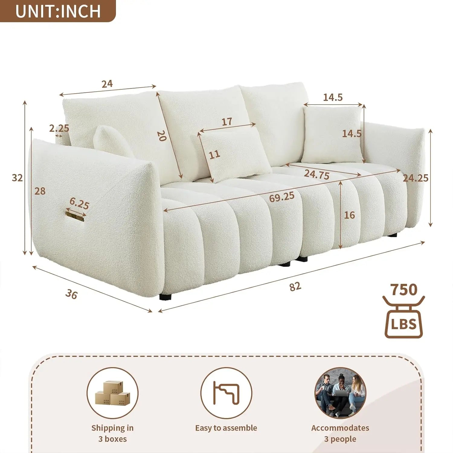 82’’ Modern Sofa Couch Comfy Deep Seat Teddy Cloud Sofa Upholstered 3-Seater Boucle Couch Oversized Loveseat for Living