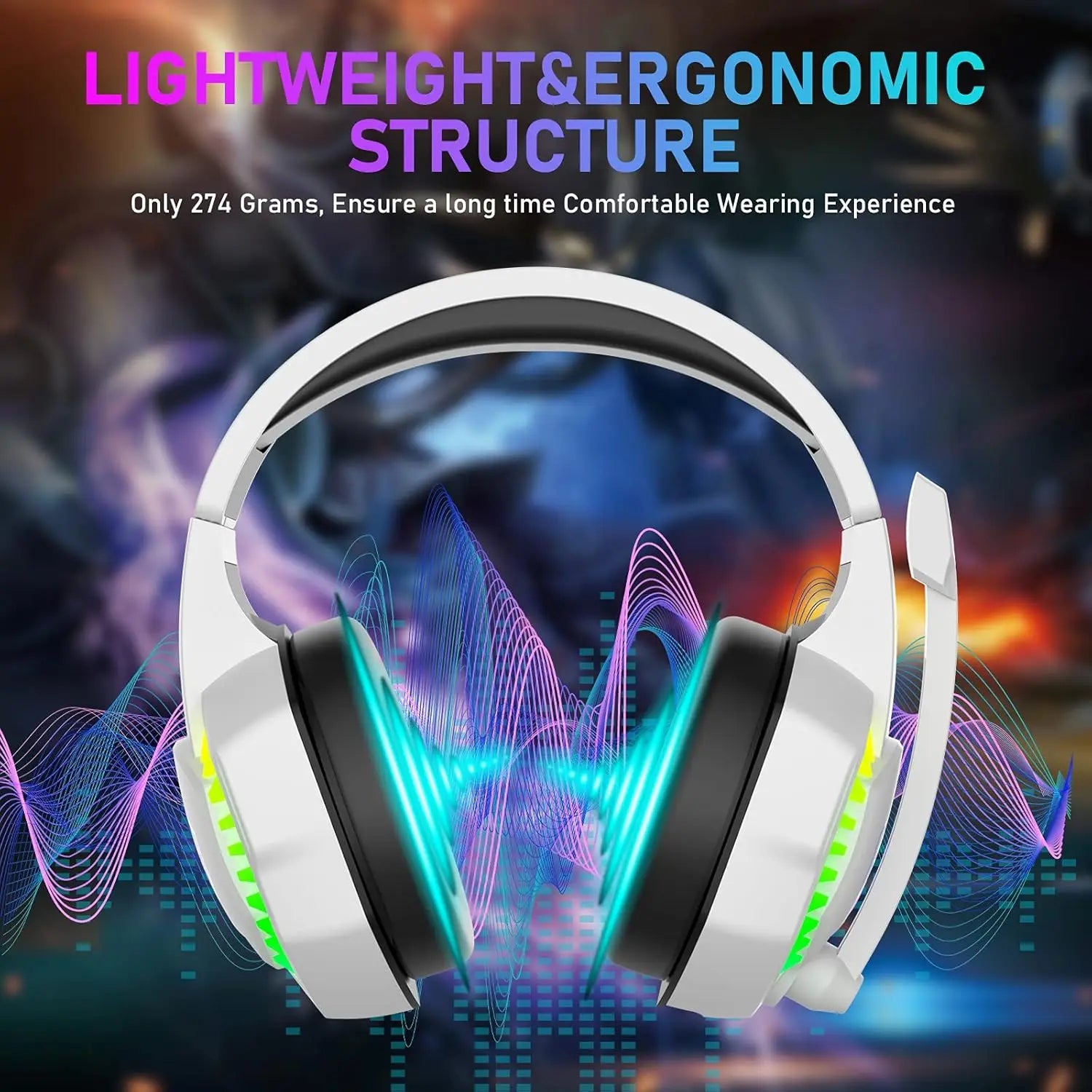 Wired Gaming Headset RGB Backlight Retractable Noise Isolating Microphone Stereo Sound Deep Bass Memory Foam Earmuff