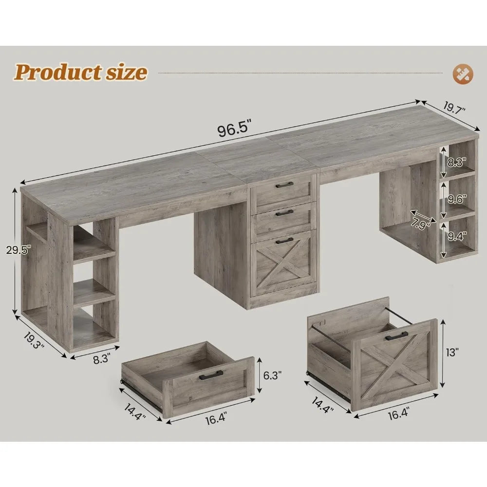 Farmhouse 96.5’’ Computer Desk with Drawers 2 Person Home Office Desk Gaming Double Desk with Storage Shelves Long Two