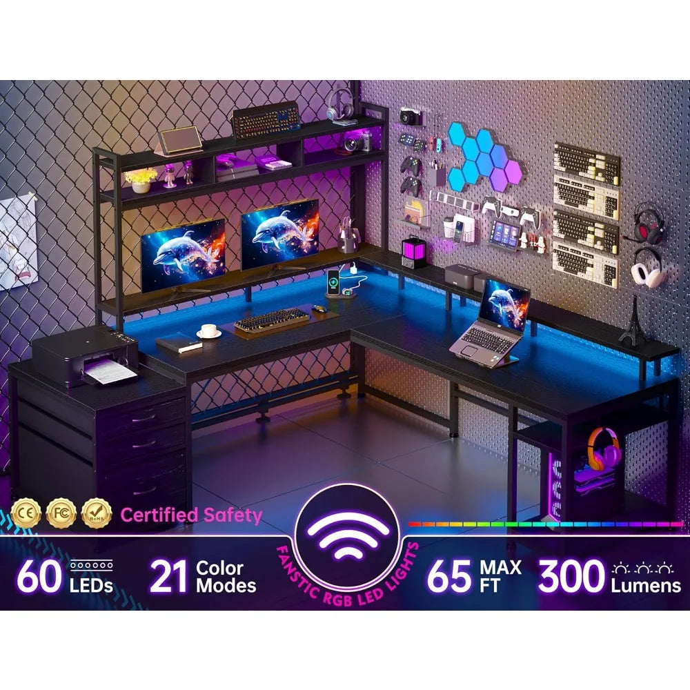 64 x 60 inches l shaped desk with hutch and drawers reversible corner computer desk with monitor shelf two person desk