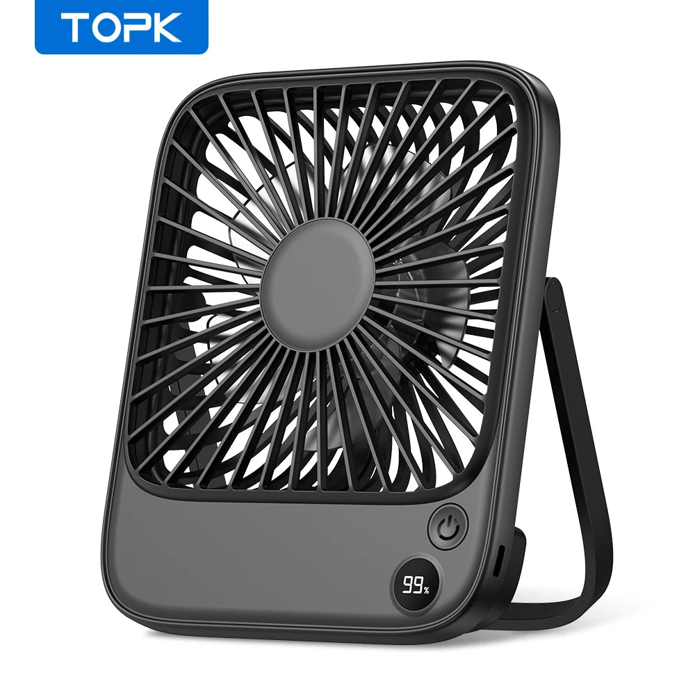 TOPK Rechargeable Portable Fan Electric Mini fan for Camping,2000mah Battery USB Desk Fan Small Silent Table Fans