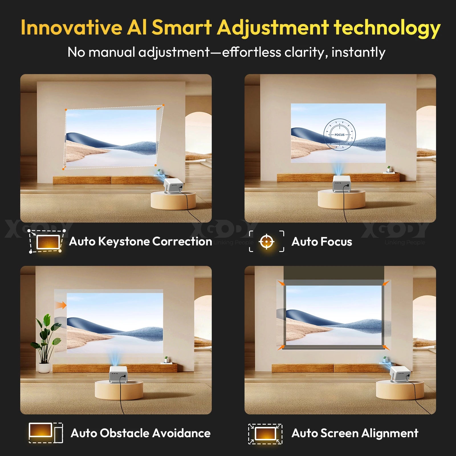 XGODY A6-PRO 4K Native 1080P 650 ANSI Smart Projector Autofocus and Automatic Keystone Correction 360° Portable