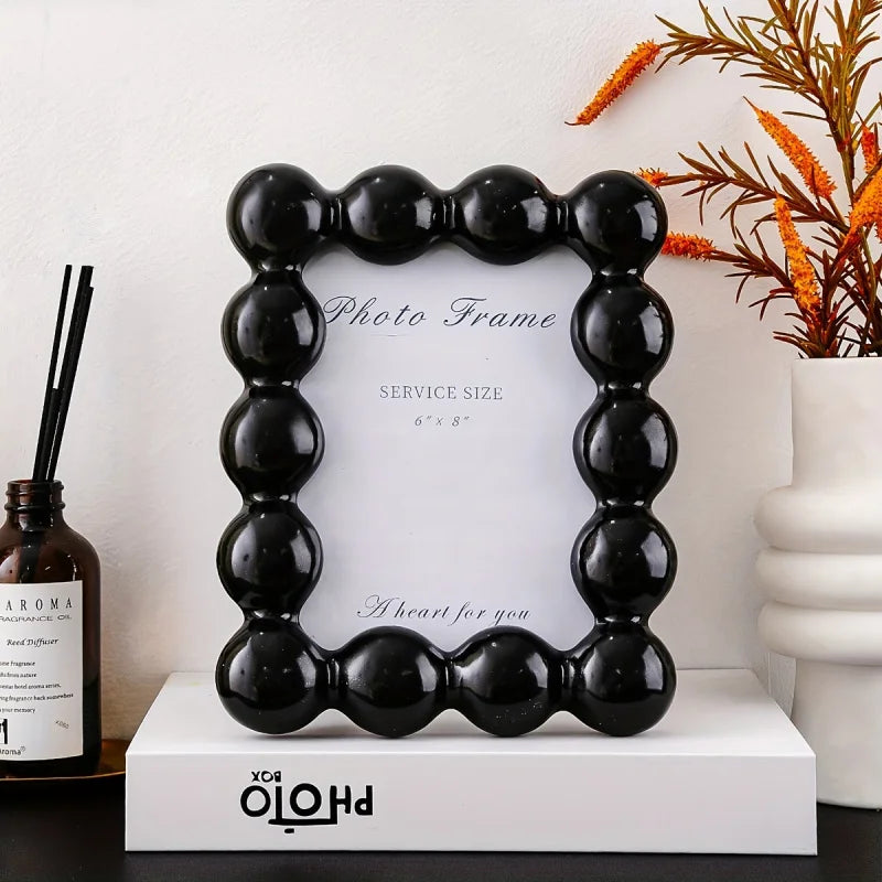 8-Inch Pearl Bubble Photo Frame - Versatile Resin Desk Display for Home/Office Modern Vertical/Horizontal Decor