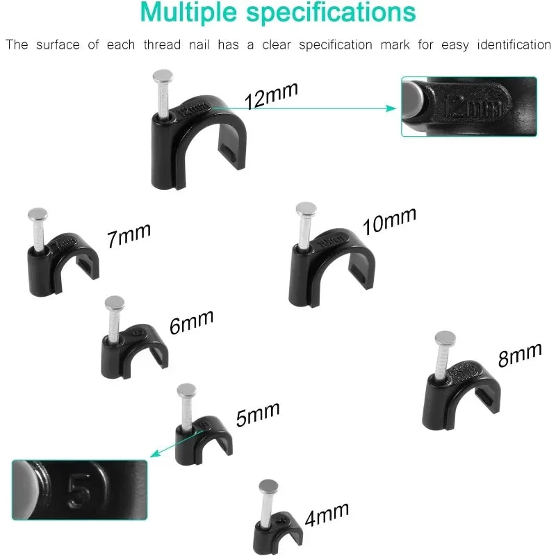 600PCS Black Cable Clips Set Steel Nail Cable Clips Tacks for Cable Fixing Organizer 4mm 5mm 6mm 7mm 8mm 10mm 12mm DIY