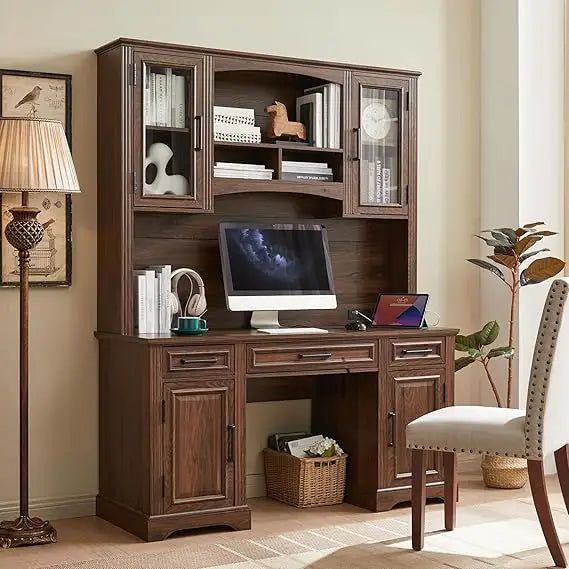 Farmhouse 76’’ Height Computer Desk with Hutch Office Desk with Charging Station Drawers And Storage Cabinet