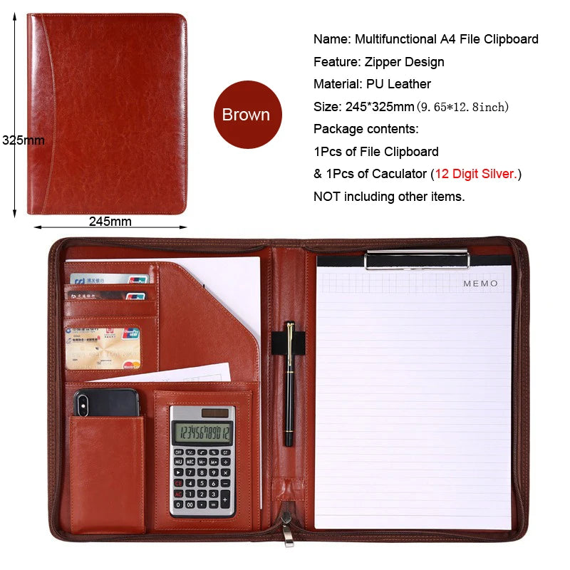 University A4 Leather Executive Portfolio Folder for Document Holder Organizer Business Briefcase Man Zipper Calculator