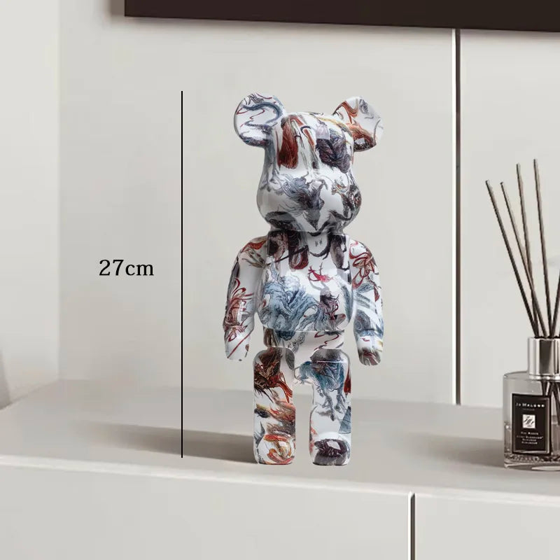 27cm Graffiti Bear Statue Paint Block Bear Decor Resin Desktop Ornaments Home Decoration Living Room Bear Floor