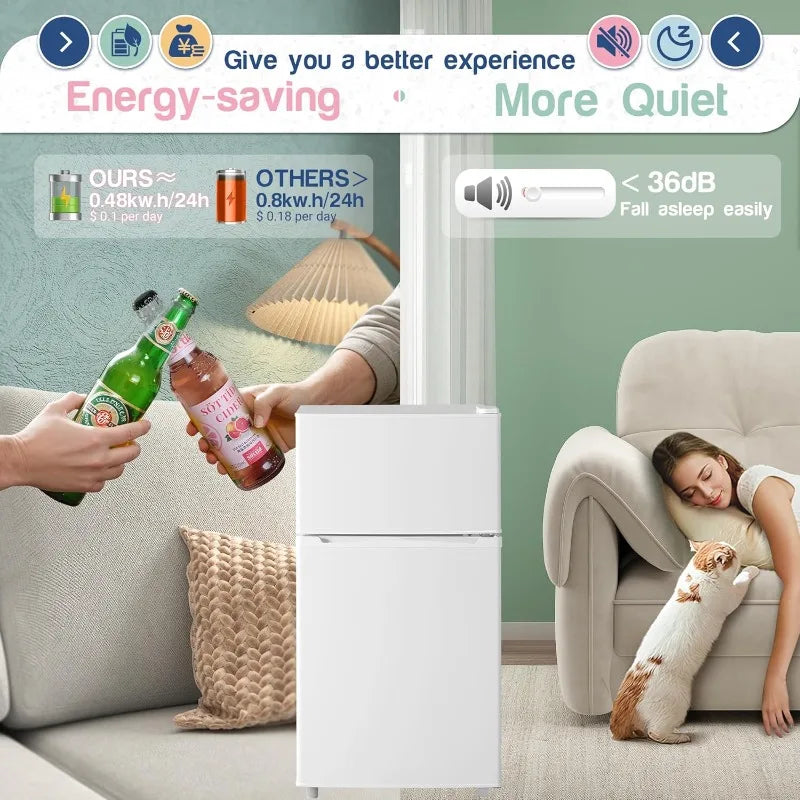 Double Door Refrigerator with Freezer 3.5 Cu.Ft Small Fridge with Freezer,7 Settings Temperature Adjustable Mini