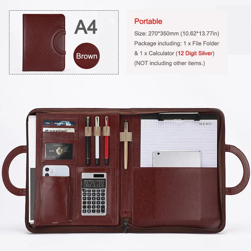 Portable Business Trip A4 Folder Organizer Leather Portfolio for Document File Tablet Holder Briefcase for Man Office