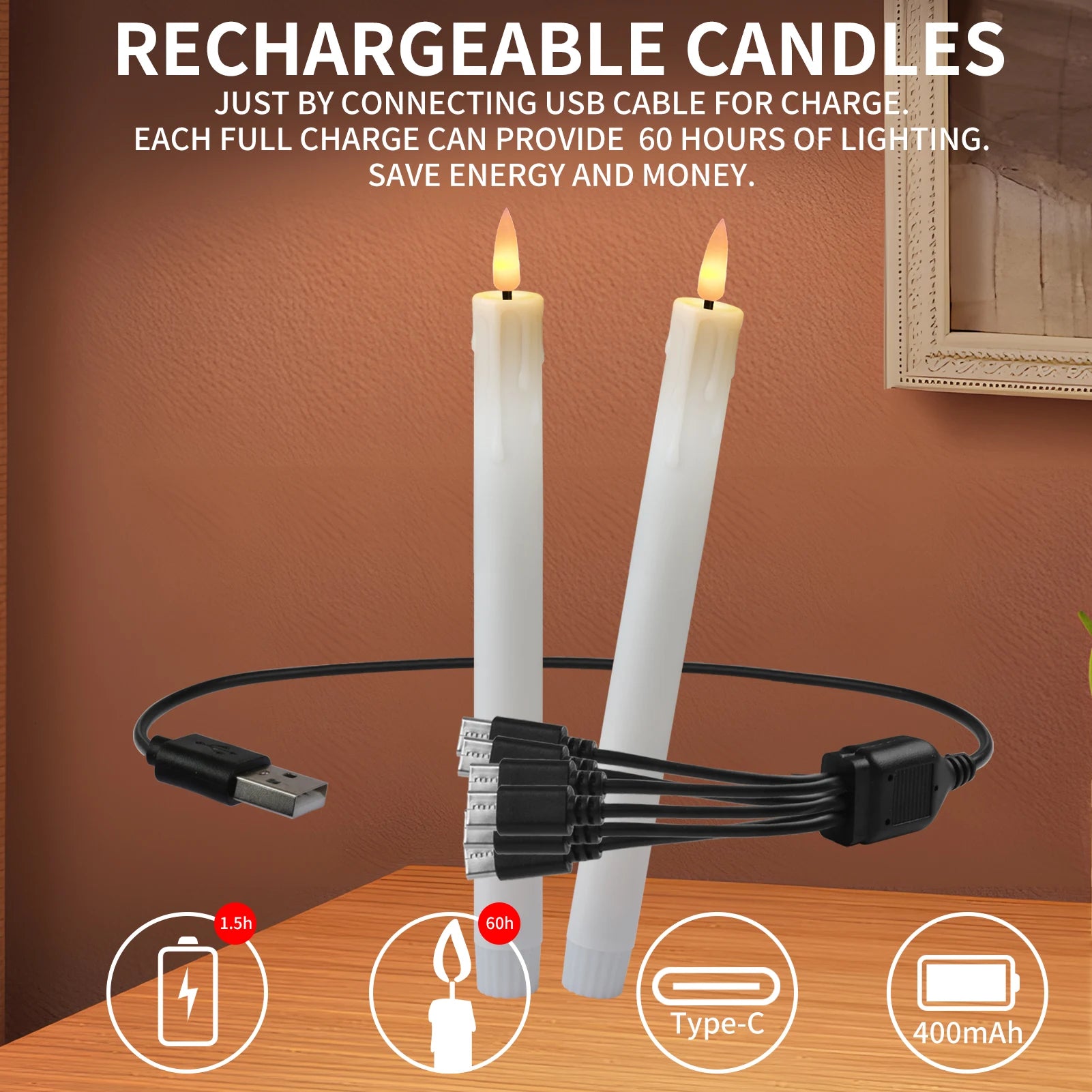 Rechargeable Flameless 9.6’’ Tea Light Candles with Remote & Type-C Charging Cable LED Flickering Dripping Wax Votive