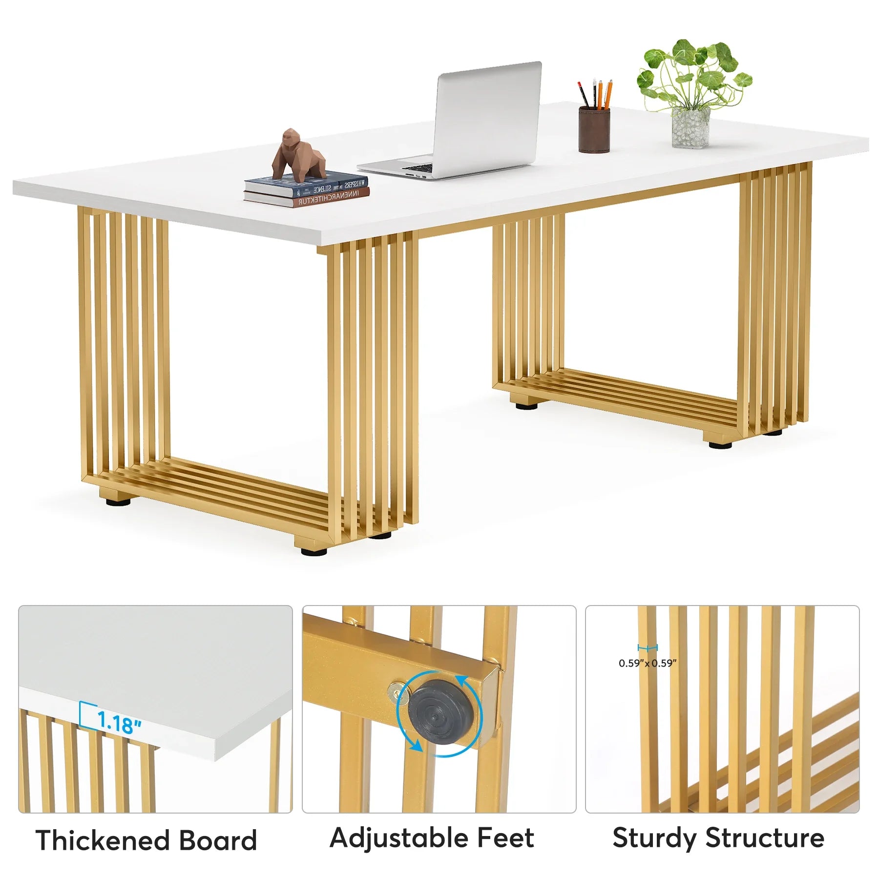 Tribesigns 70.9’’ Modern Office Desk Wooden Computer Desk White Executive Desk with Gold Metal Legs Small Conference