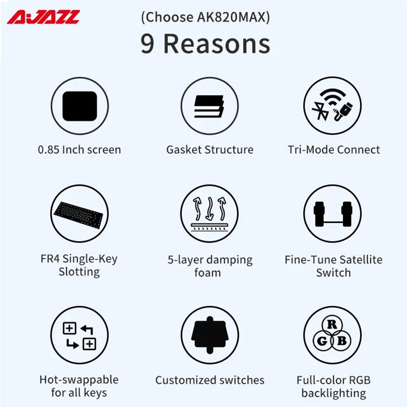 AJAZZ AK820 MAX Tri-mode RGB Gaming Mechanical Keyboard Bluetooth Wireless 2.4G Type C 82 Keys PBT Keycaps Hot Swap