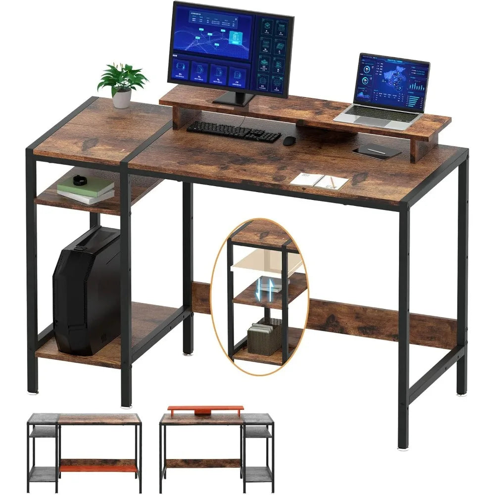 Gaming/Computer Desk - 47” Home Office Small Desk with Monitor Stand Rustic Writing Desk for 2 Monitors Adjustable