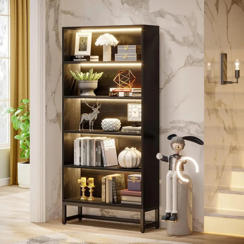 Tall Bookcase Black Bookshelf 70.8”Large Bookcases Organizer with LED Lights,Heavy Duty Free-Standing Library Bookshelf