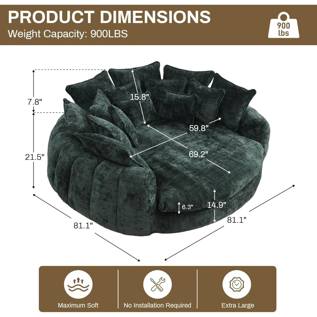 81’’ Round Chaise Lounge Fluffy Bean Bag Sofa with 14 Pillows Emerald Chenille - United States