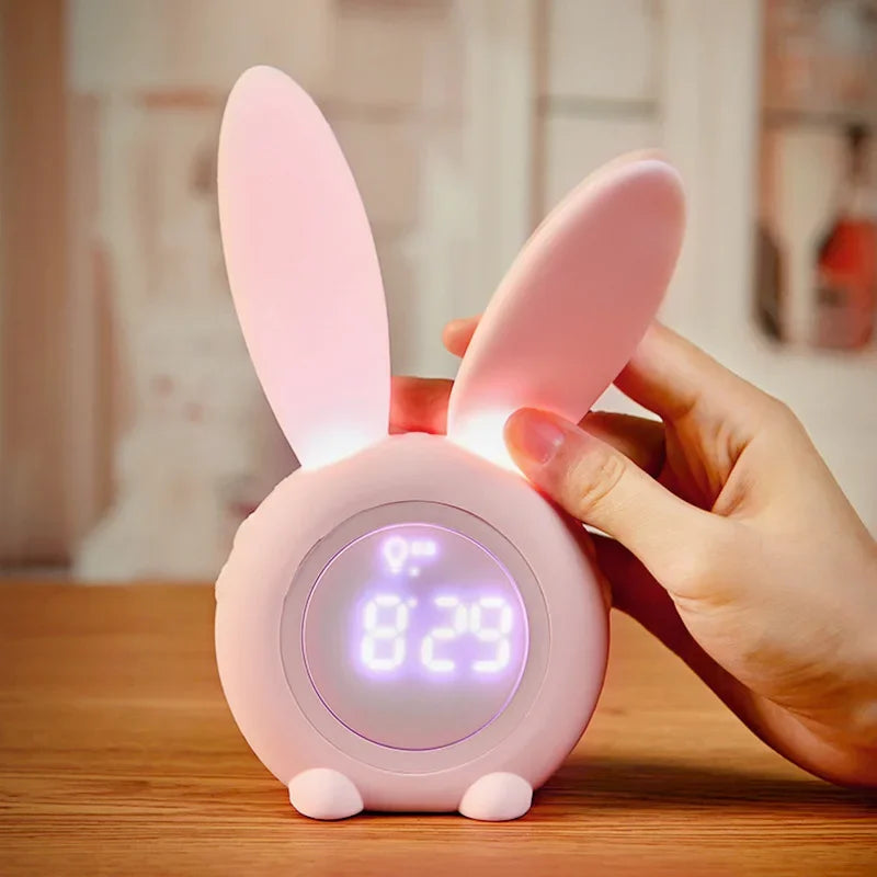 Bunny Ear Digital Alarm Clock LED Electronic LED Display Sound Control Cute Rabbit Night Lamp Snooze Desk Clock Home