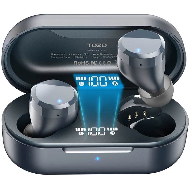 Refurbished TOZO T12 True Wireless Earbuds LED Display Bluetooth Headsets In Ear 10mm Driver Deep Bass HiFi Sound Stereo