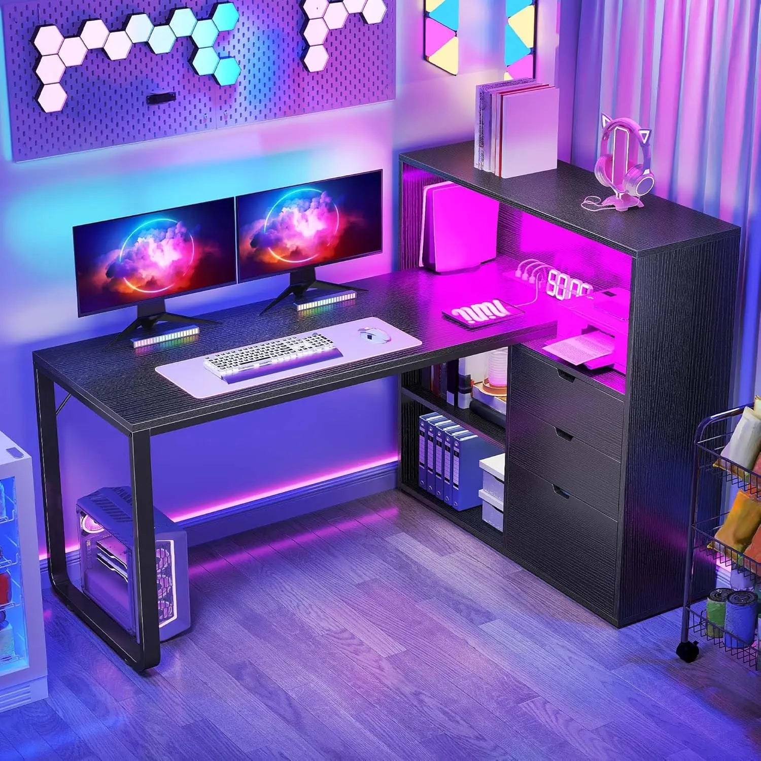 L Shaped Desk with Drawers & Power Outlets 55’’ Computer Desk with Bookshelf Corner Desk Home Office Desk with Storage