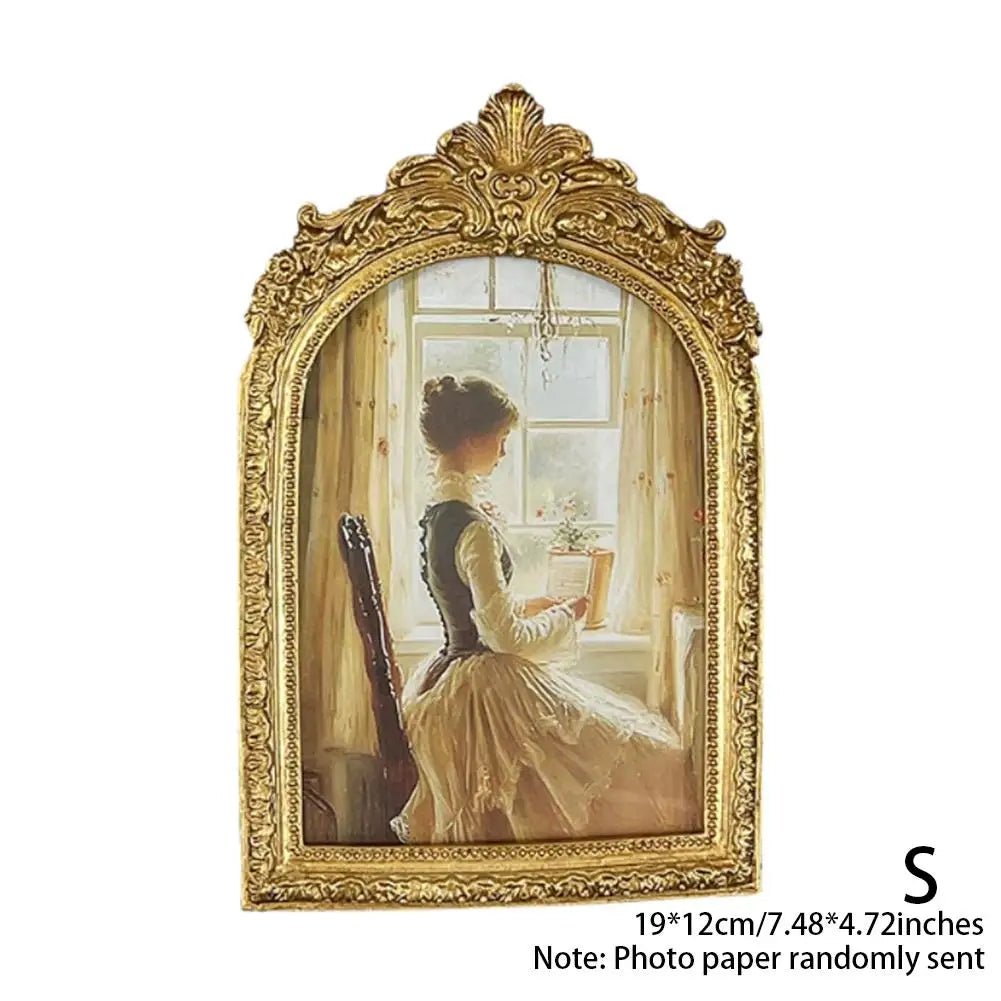 Antique Arch Shaped Photo Frame Gold Carved Embossed Resin Picture Frame Home Office Photo Display Tabletop Wall