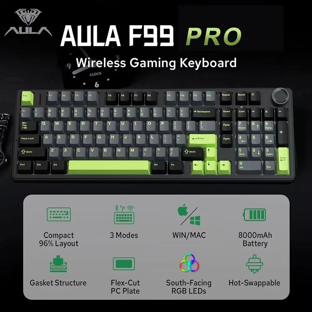 AULA F99PRO Wireless Gaming Keyboard Gasket Structure Compatible with 3/5 Pins Hot-swap Mechanical Keyboard with Media