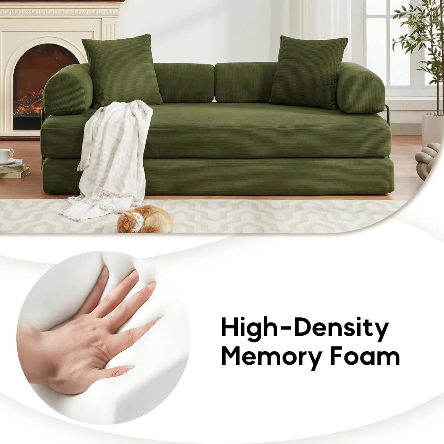 Convertible Sleeper Sofa Bed with Cylindrical Pillow Corduroy Folding Mattress Couch with Fixed-Shape Frame Floor Sofa