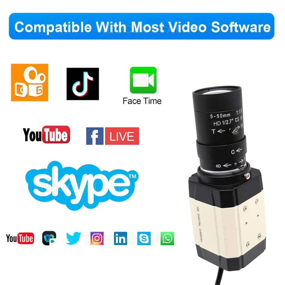 Industrial 5MP USB Webcam 30fps IMX335 With 2.8-12m/5-50mm Varifocal CS Lens 2K 4MP F5253 Usb Camera OTG UVC Plug