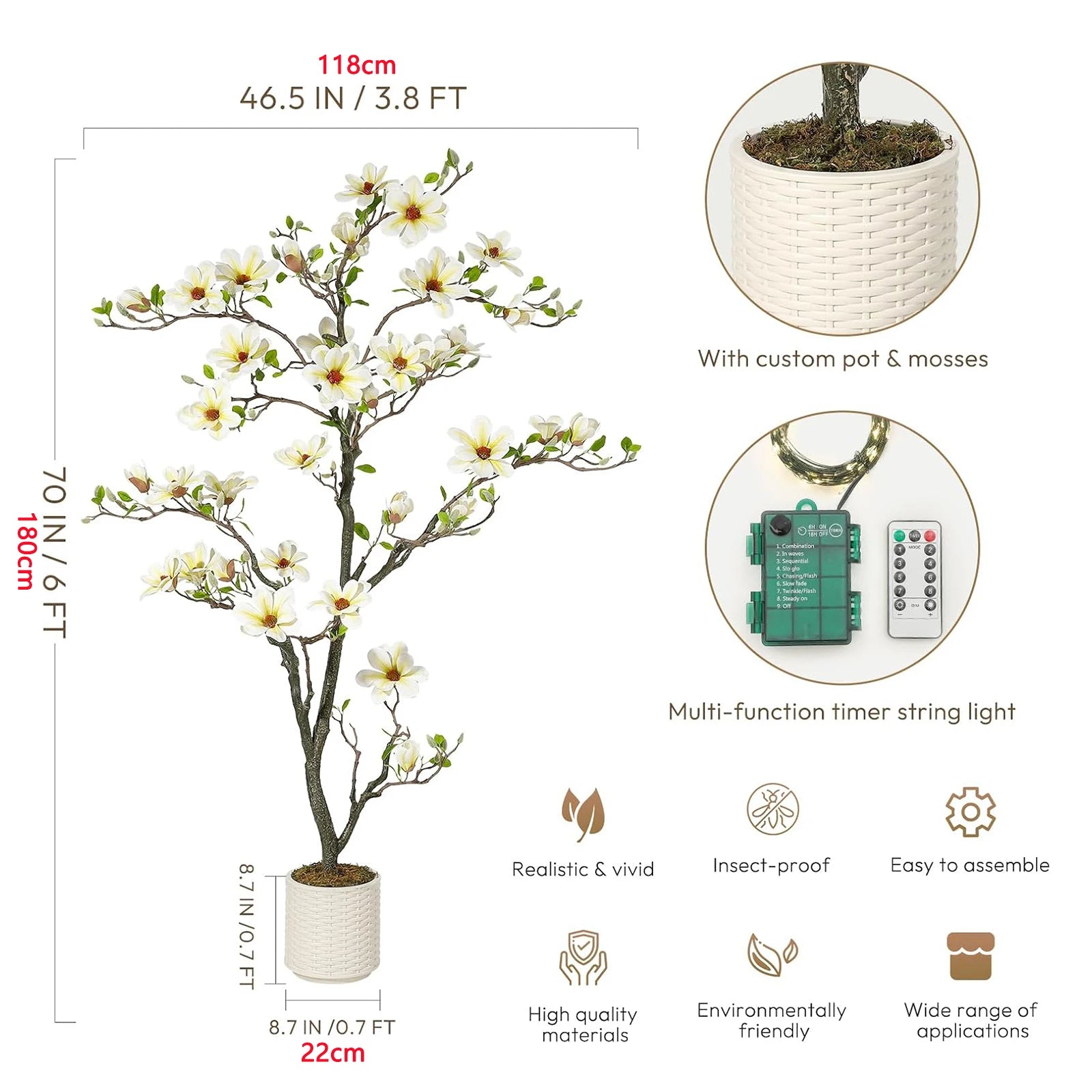 Artificial Magnolia Plant Faux Flower Trees Fake Plants with LED Light for Yard Patio Home Office Arrangement Decor - 6