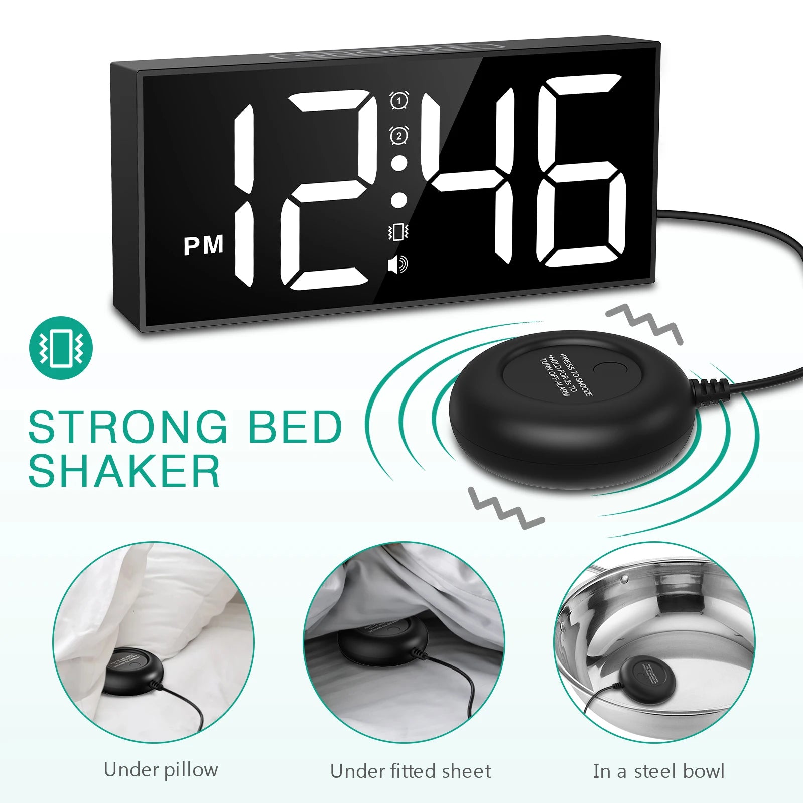 ORIA Vibrating Alarm Clock 7.5’’ Large Display LED Clock Loud Alarm Clock with Bed Shaker for Heavy Sleepers Hearing