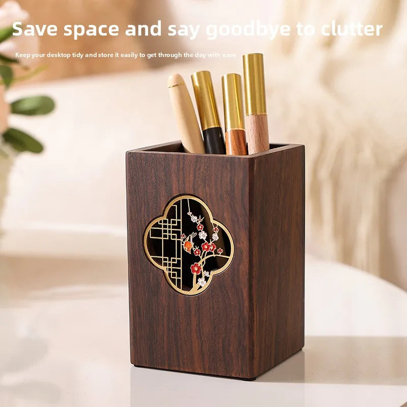 1pcs Multifunctional Ebony Wood Pen Holder Chinese Style Engraved Desktop Organizer Retro Wooden Desk Decor Business