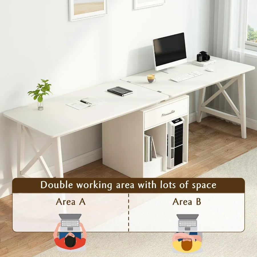 2Person Desk with Storage Cabinet 94 Wooden Extra Long L Shaped Table Double Work Study Computer Workstation for Home