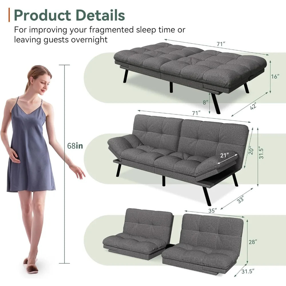 Convertible Futon Sofa Bed,71’’ Memory Foam Futon Couch,Detachable Cushion,Adjustable Backrest & Armrest,Linen Modern